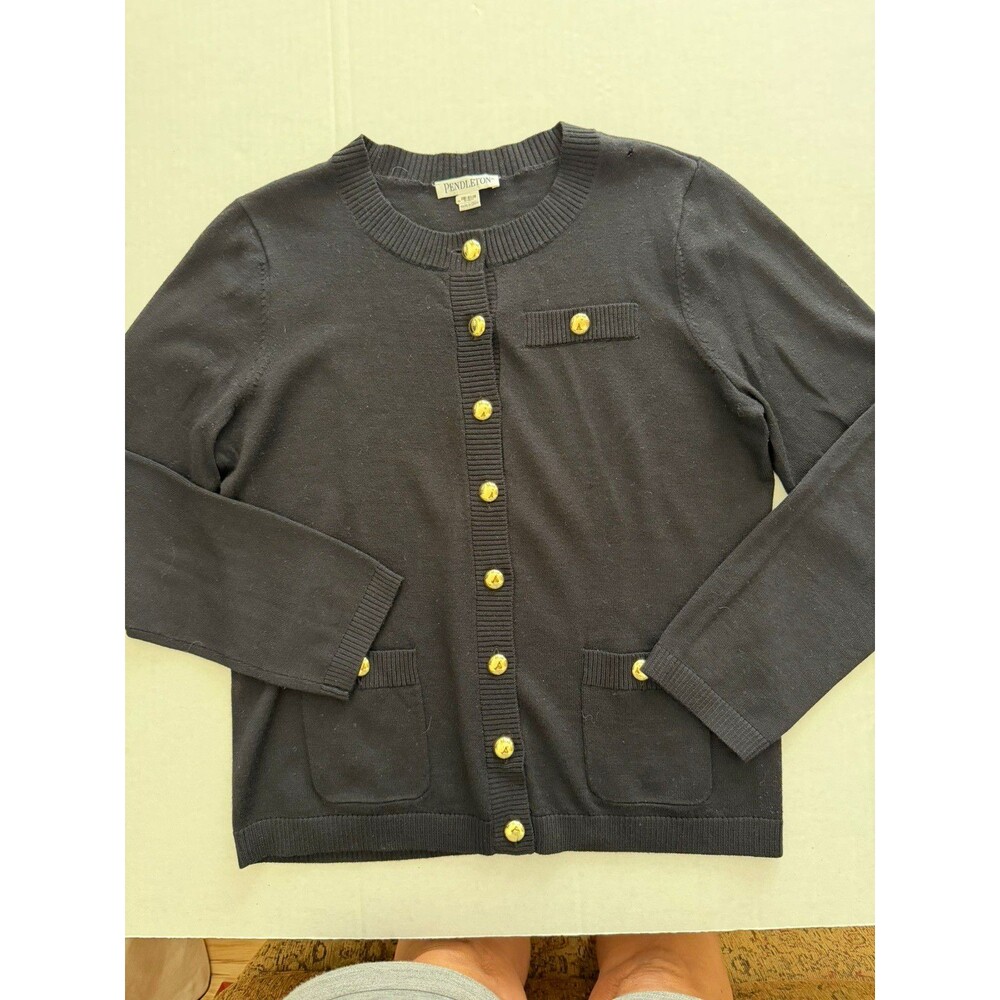 Pendleton Women’s Black Merino Wool Cardigan Sweater *FLAW* Pockets Gold Buttons